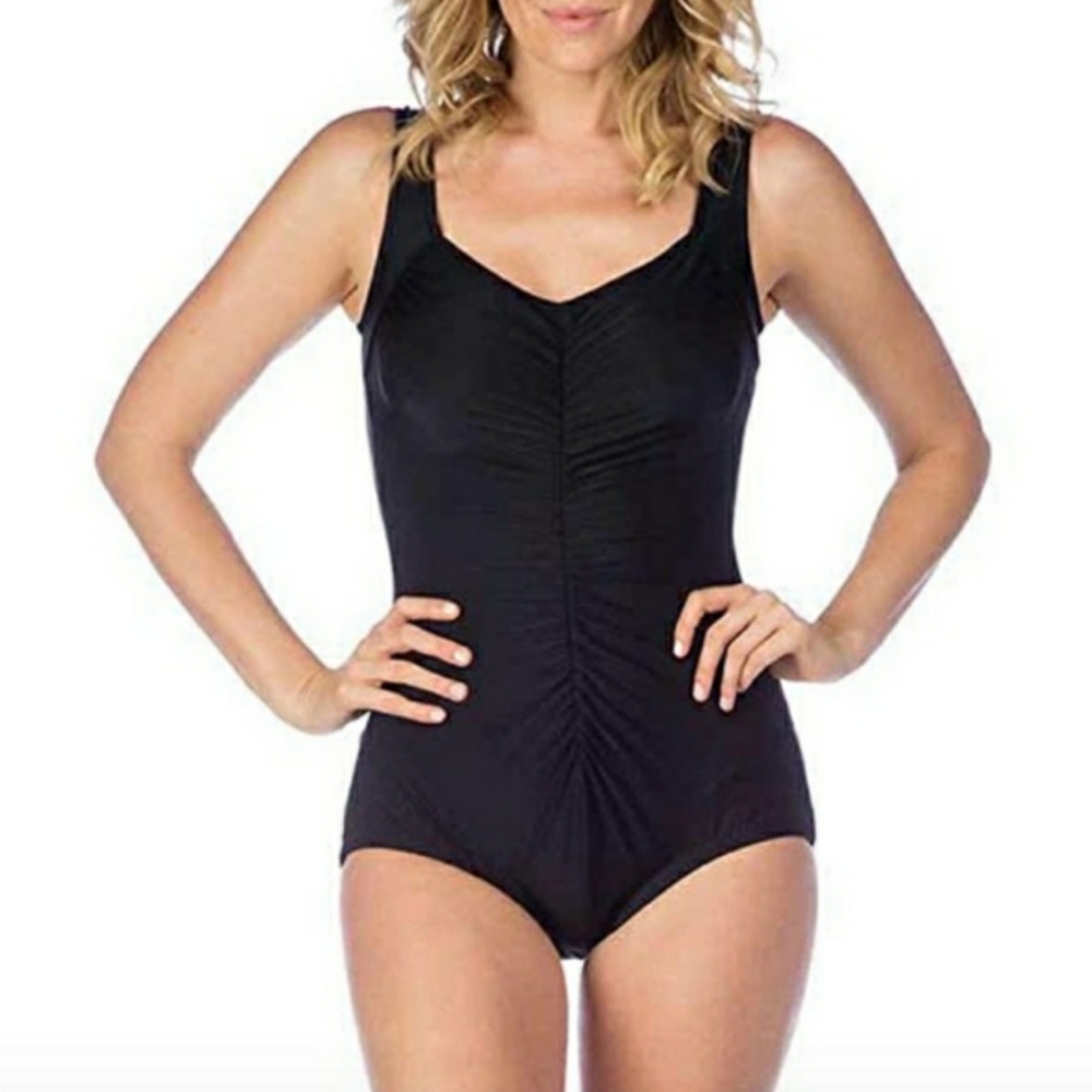 ROSE MARIE REID Black One Piece Ruched Tummy Control Swimsuit Small NWT